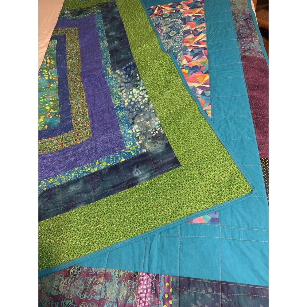 New Batik Lap Quilt Throw Blanket Handmade Machine Stitched Blue Green 58x58”